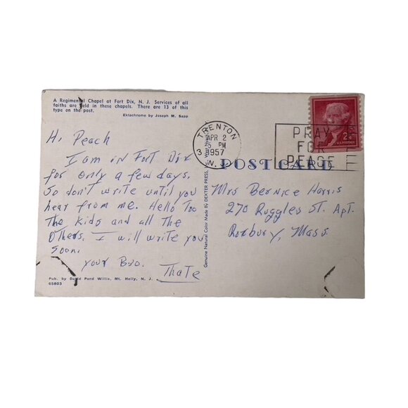 Vintage Post Card 1957 Postcard Regimental Chapel Fort Dix NJ Collectible Dexter - Picture 2 of 5